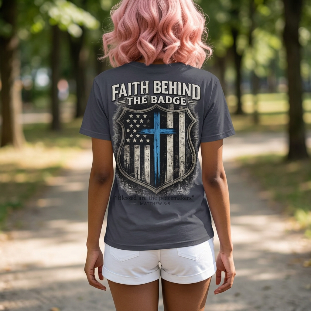Faith Behind the Badge Christian Police T-Shirt | Matthew 5:9 Bible Verse Tee