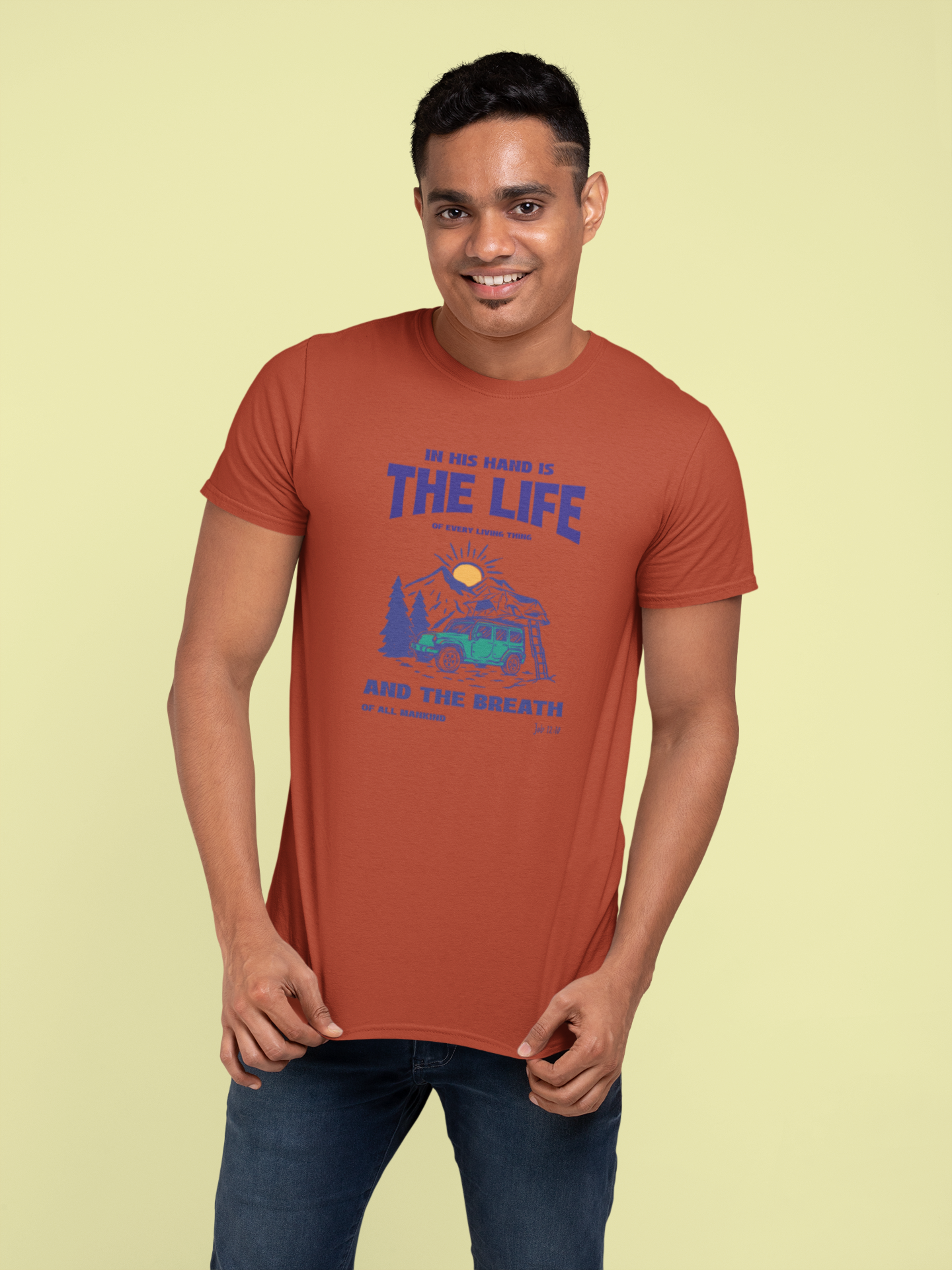 Job 12:10 Christian Shirt – In His Hands Is the Life of Everything Bible Verse T-Shirt | Gildan 5000