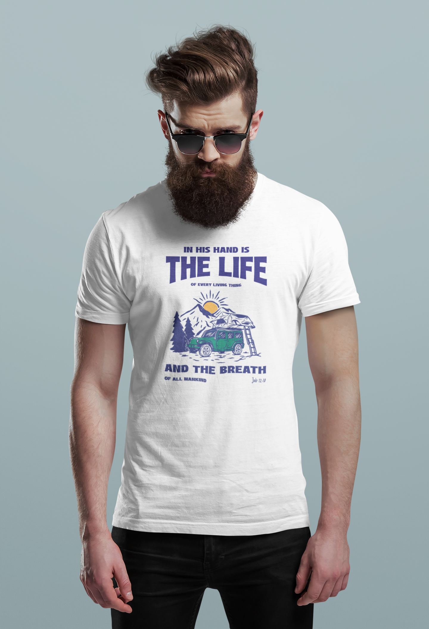 Job 12:10 Christian Shirt – In His Hands Is the Life of Everything Bible Verse T-Shirt | Gildan 5000