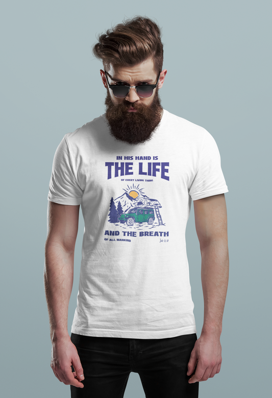 Job 12:10 Christian Shirt – In His Hands Is the Life of Everything Bible Verse T-Shirt | Gildan 5000