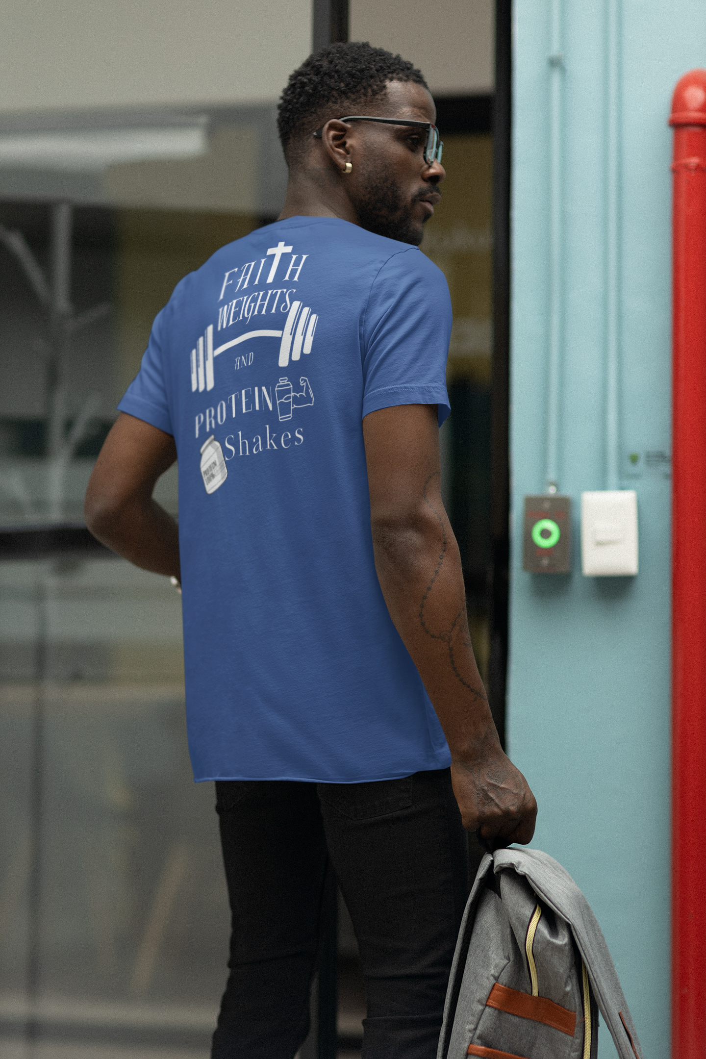 Faith Weights and Protein Shakes T-Shirt – Christian Gym Tee | Bella Canvas 3001 | Nails of Faith