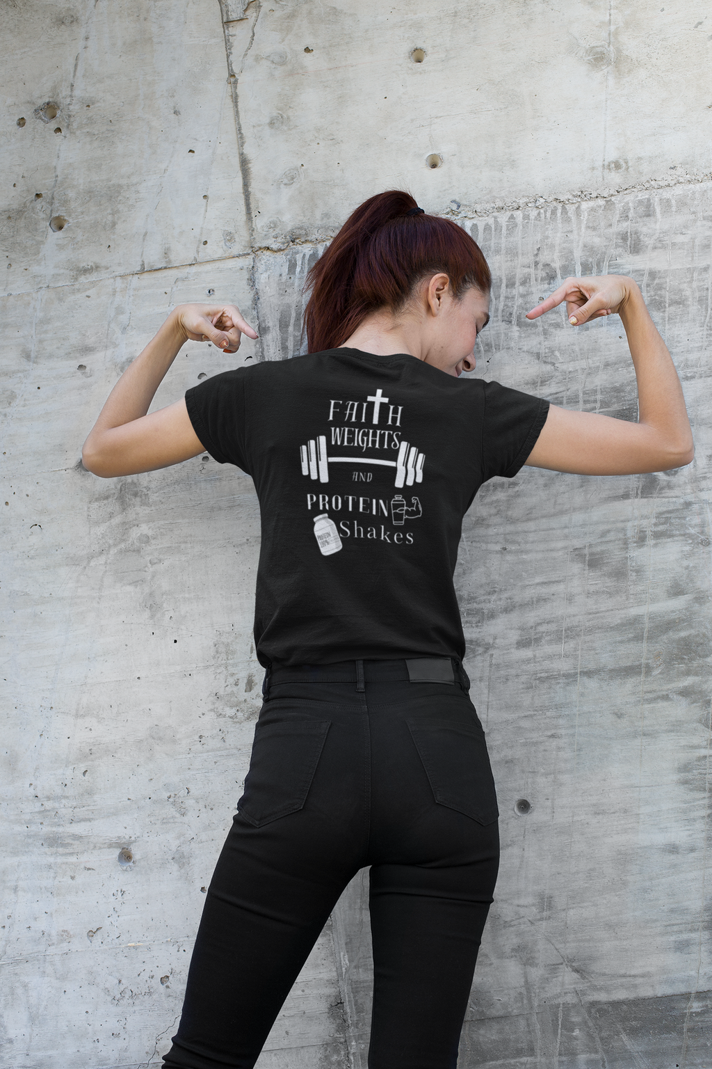 Faith Weights and Protein Shakes T-Shirt – Christian Gym Tee | Bella Canvas 3001 | Nails of Faith