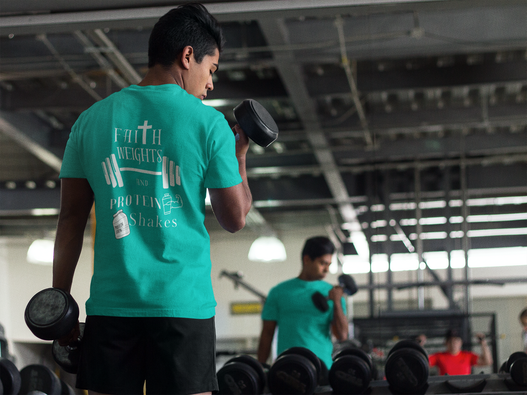 Faith Weights and Protein Shakes T-Shirt – Christian Gym Tee | Bella Canvas 3001 | Nails of Faith