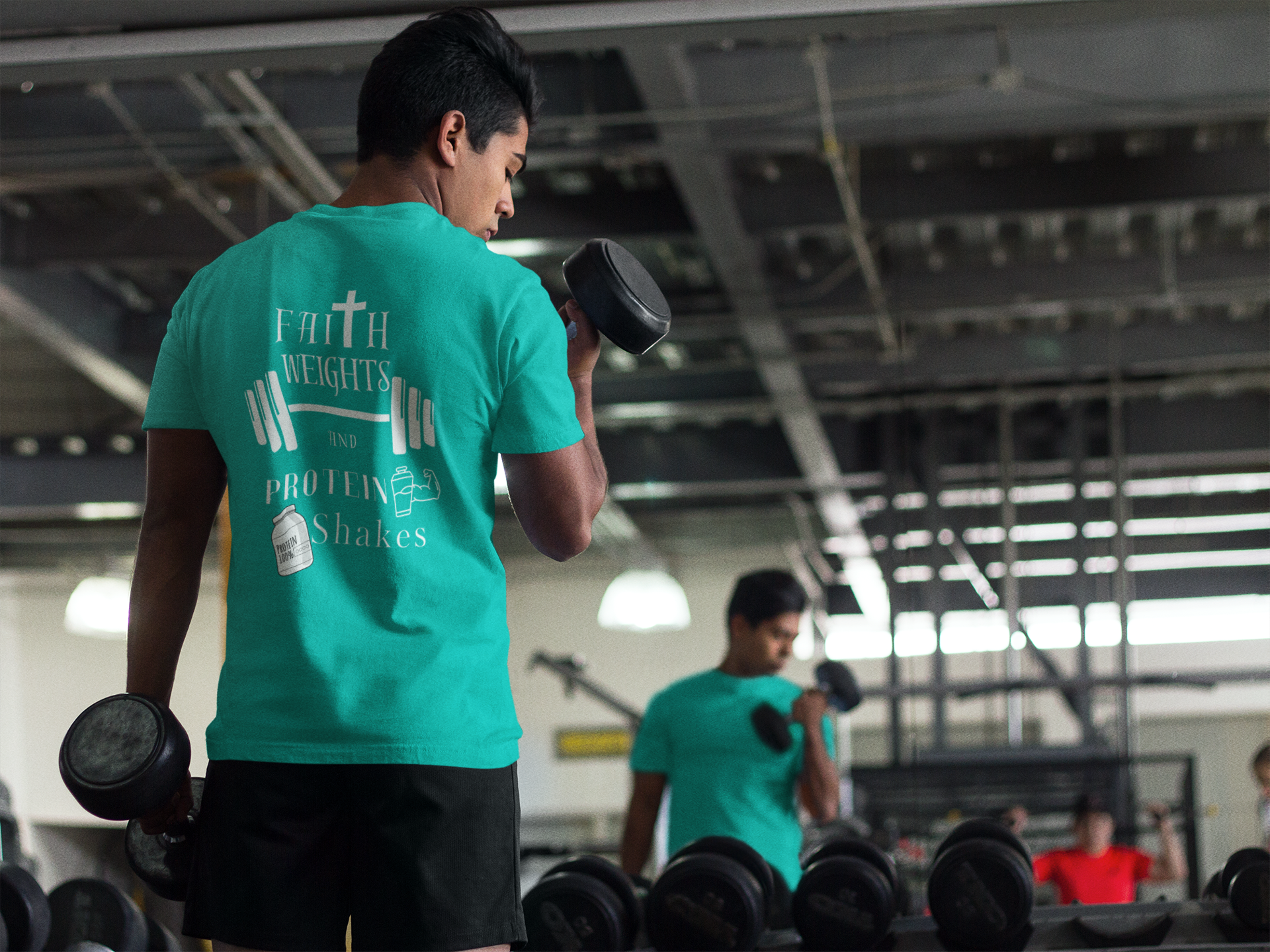 Faith Weights and Protein Shakes T-Shirt – Christian Gym Tee | Bella Canvas 3001 | Nails of Faith