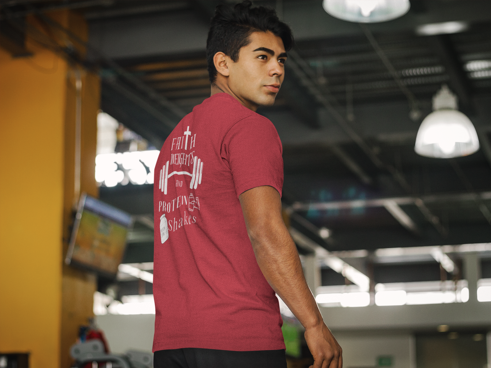 Faith Weights and Protein Shakes T-Shirt – Christian Gym Tee | Bella Canvas 3001 | Nails of Faith