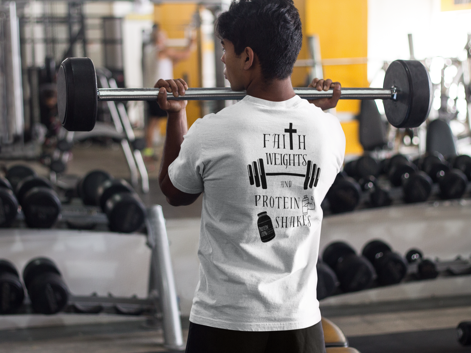 Faith Weights and Protein Shakes T-Shirt – Christian Gym Tee | Bella Canvas 3001 | Nails of Faith