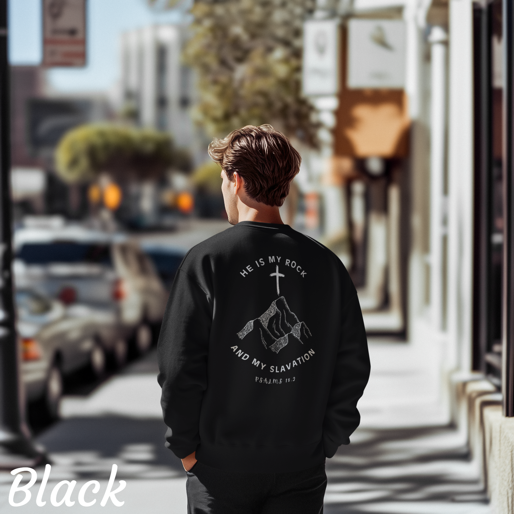 He Is My Rock and My Salvation Christian Sweatshirt – Psalms 18:2 Faith Crewneck | Gildan 18000