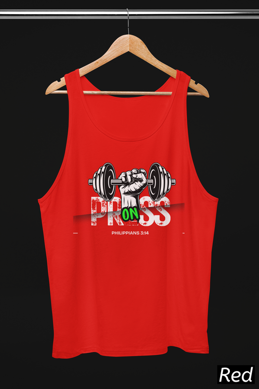 Press On Christian Tank Top – Faith Fitness Workout Tank | Bella+Canvas Tank | Philippians 3:14
