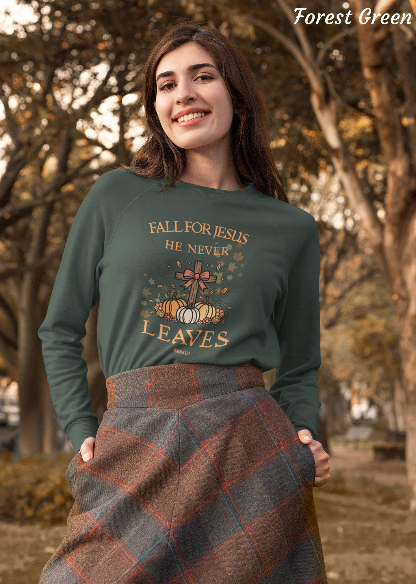 Fall for Jesus He Never Leaves sweatshirt | Christian pumpkin cross design