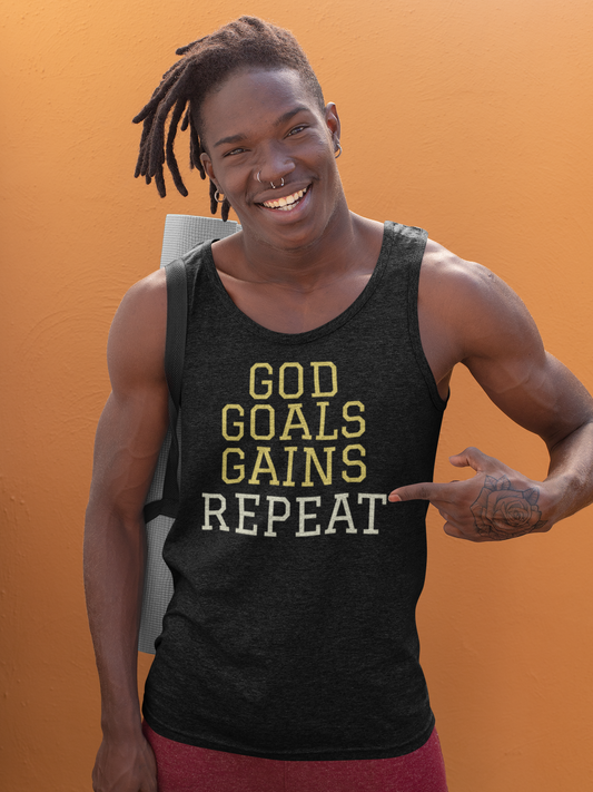 God Goals Gains Repeat Christian Gym Tank – Comfort Colors 9360 Faith & Fitness Tank Top