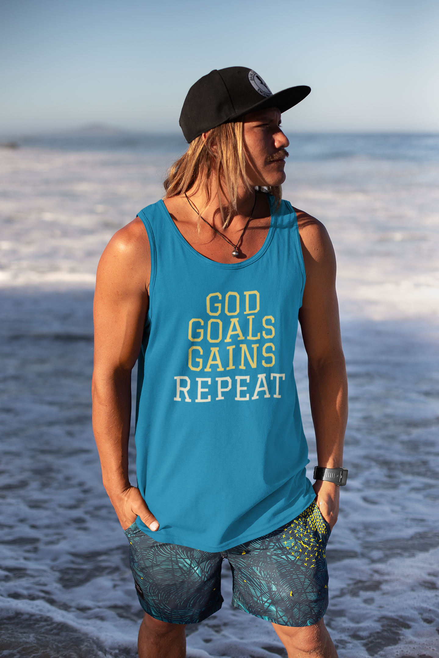 God Goals Gains Repeat Christian Gym Tank – Comfort Colors 9360 Faith & Fitness Tank Top