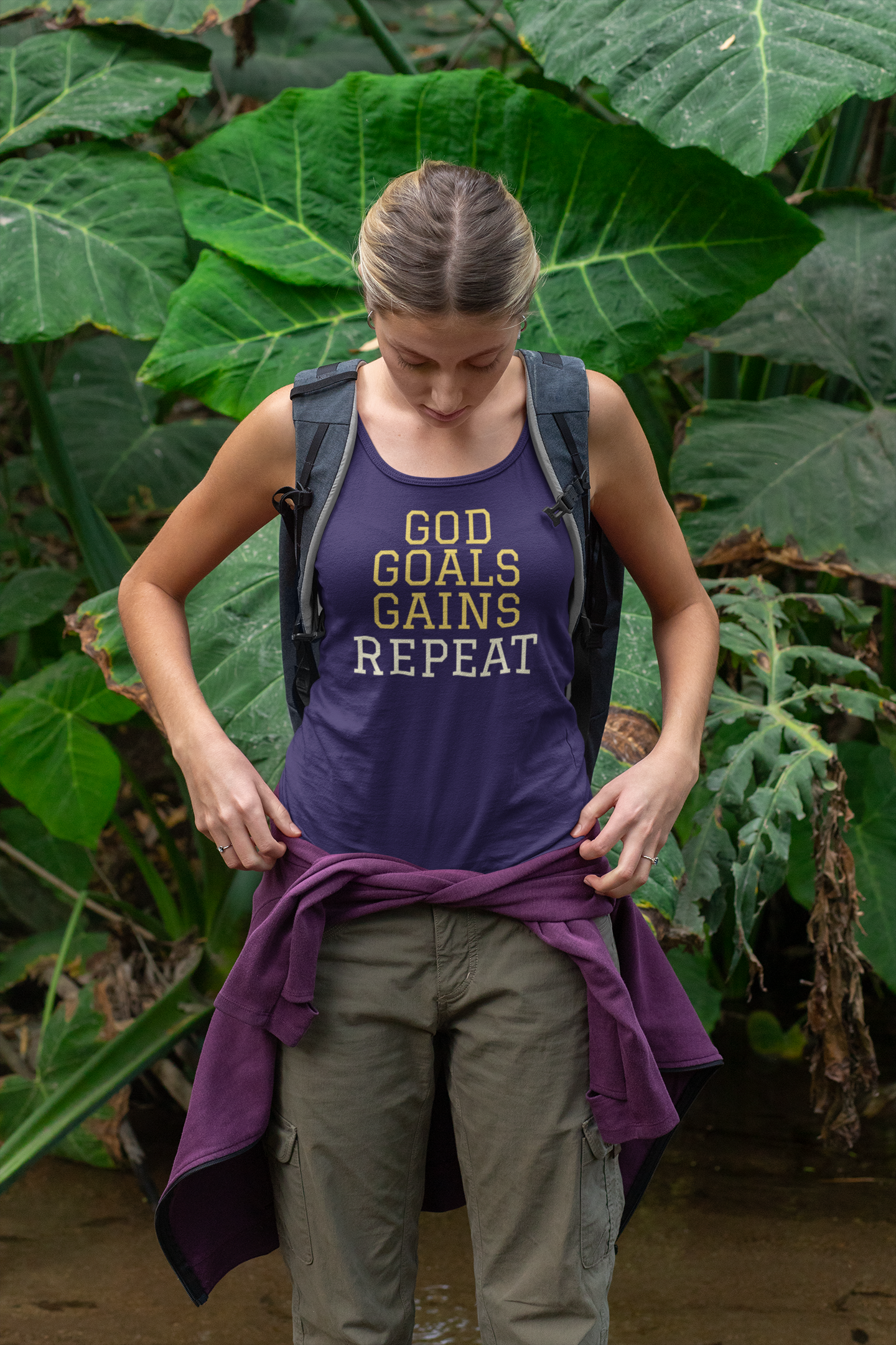 God Goals Gains Repeat Christian Gym Tank – Comfort Colors 9360 Faith & Fitness Tank Top