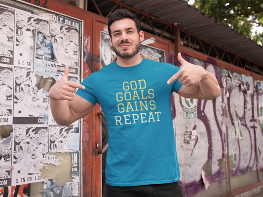 God Goals Gains Repeat Christian Gym Shirt – Comfort Colors 1717 Faith Fitness T-Shirt