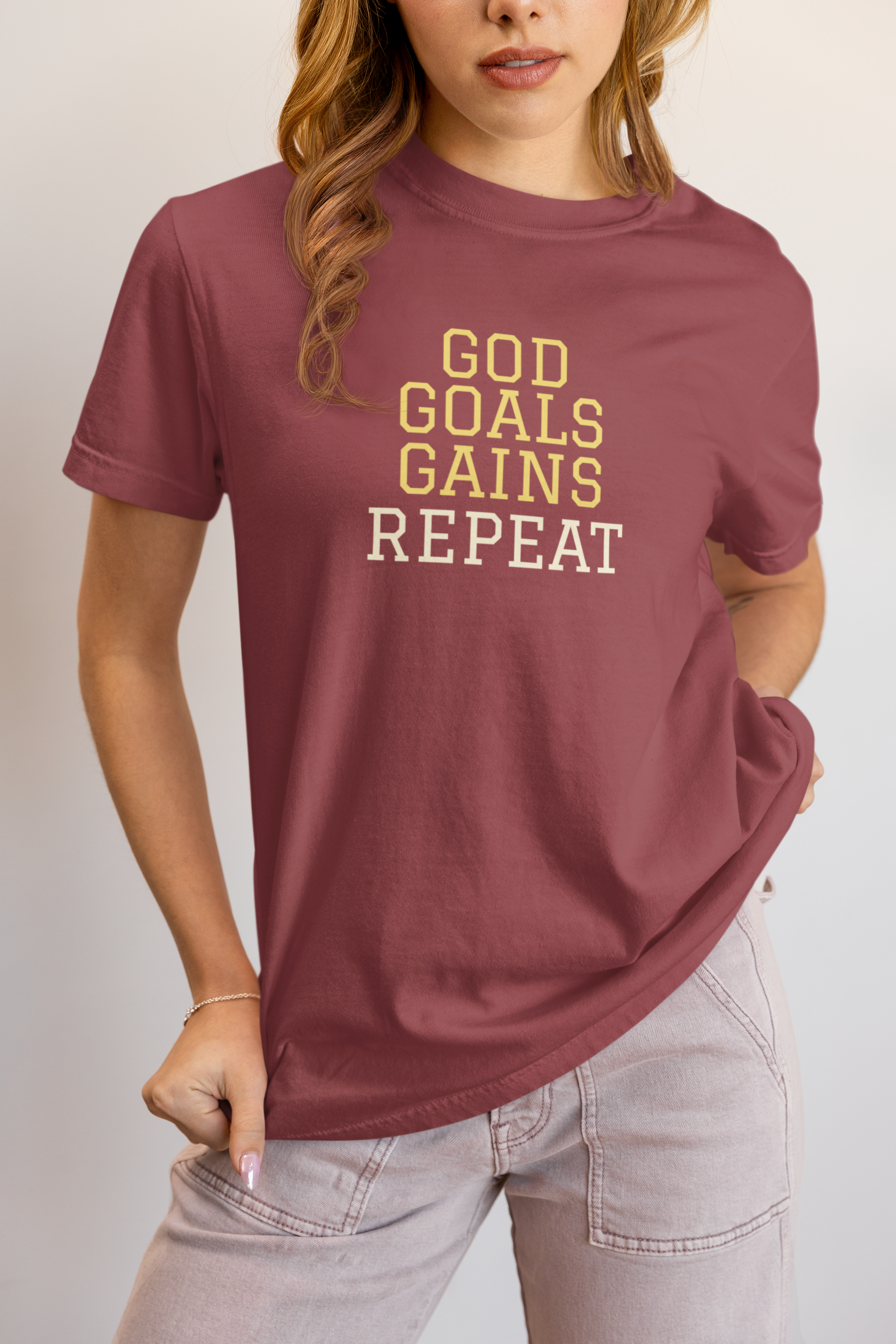 God Goals Gains Repeat Christian Gym Shirt – Comfort Colors 1717 Faith Fitness T-Shirt