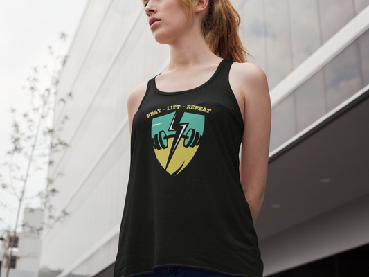 Pray Lift Repeat Tank Top, Christian Gym Tank, Bella Canvas 8800 Flowy Tank, Faith Fitness Shirt, Religious Workout Tank