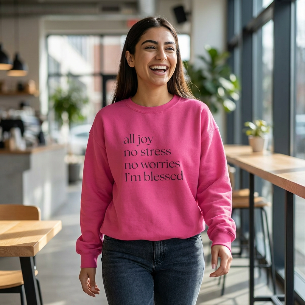All Joy No Stress No Worries I’m Blessed Sweatshirt – Christian Crewneck | Gildan 18000 | Nails of Faith