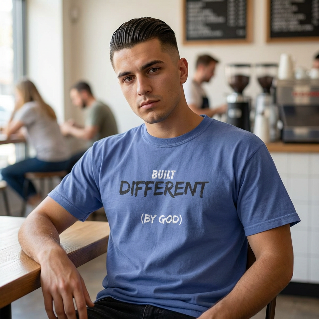 Built Differently By God - Christian t-shirt on premium Comfort Colors 1717. Faith-based streetwear designed for bold believers