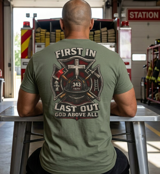 First In Last Out God Above All | Christian Firefighter Comfort Colors 1717 T-Shirt