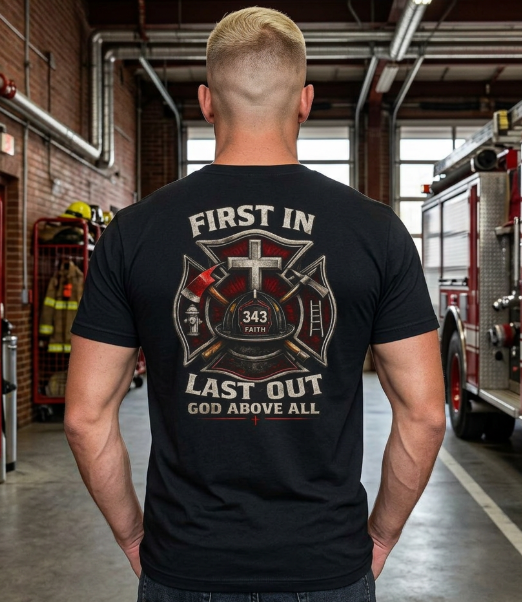 First In Last Out God Above All | Christian Firefighter Comfort Colors 1717 T-Shirt