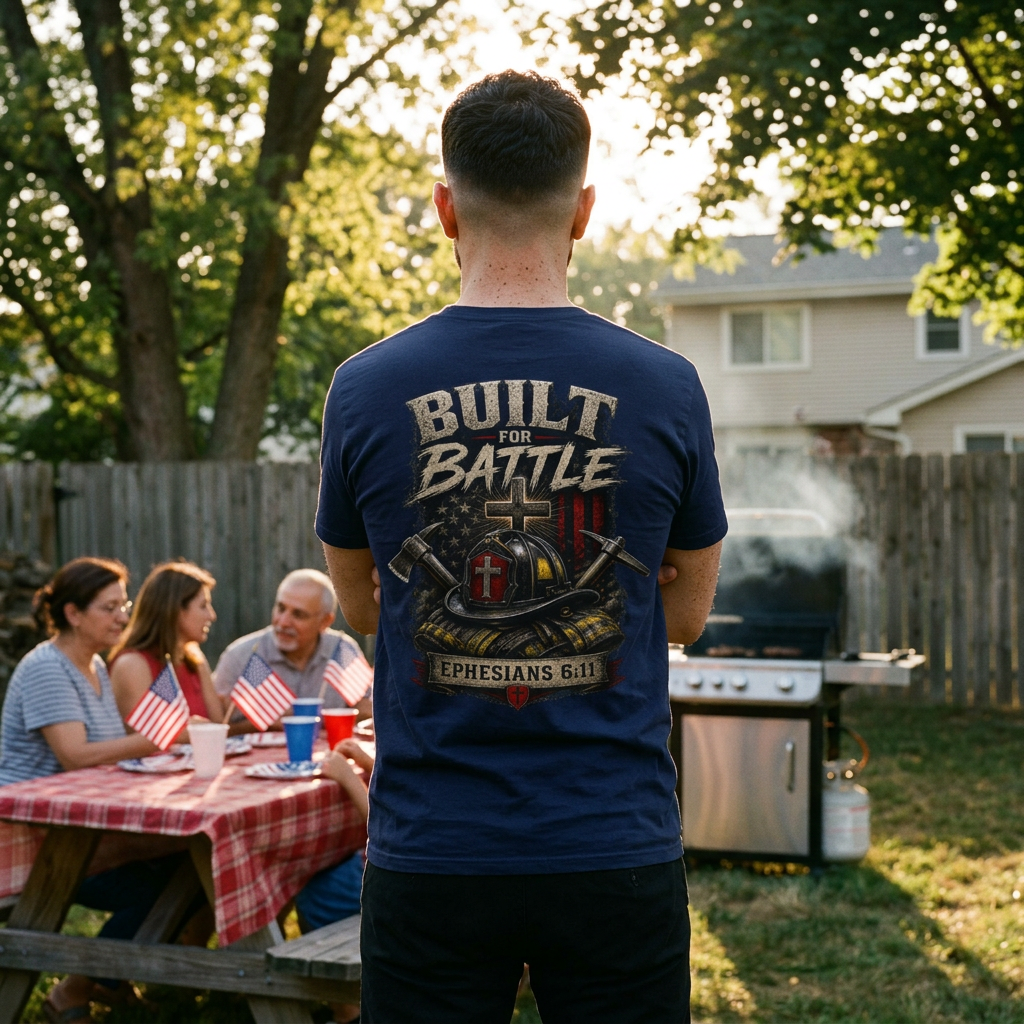 Built for Battle – Ephesians 6:11 | Christian Firefighter Comfort Colors 1717 T-Shirt