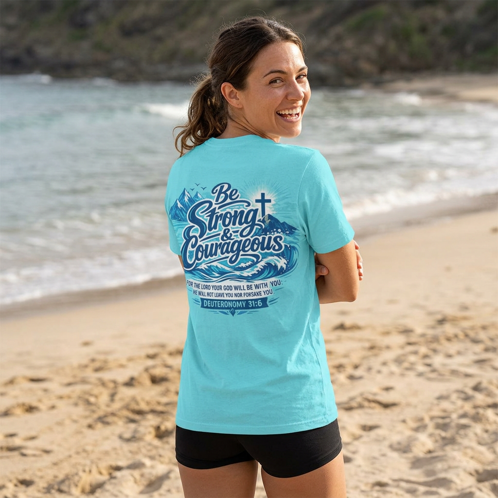 Be Strong & Courageous T-Shirt — Inspirational Christian Faith Tee (Deuteronomy 31:6)