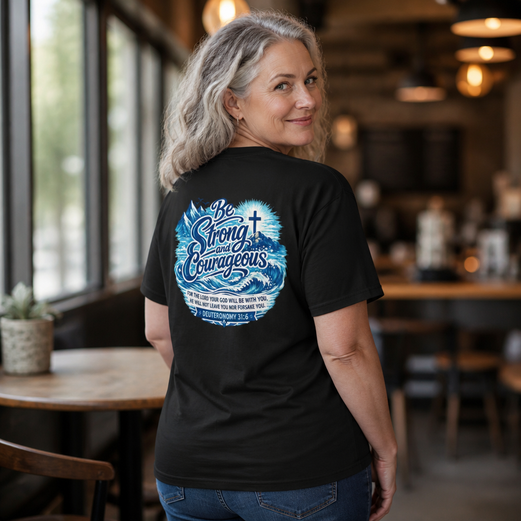 Be Strong & Courageous T-Shirt — Inspirational Christian Faith Tee (Deuteronomy 31:6)
