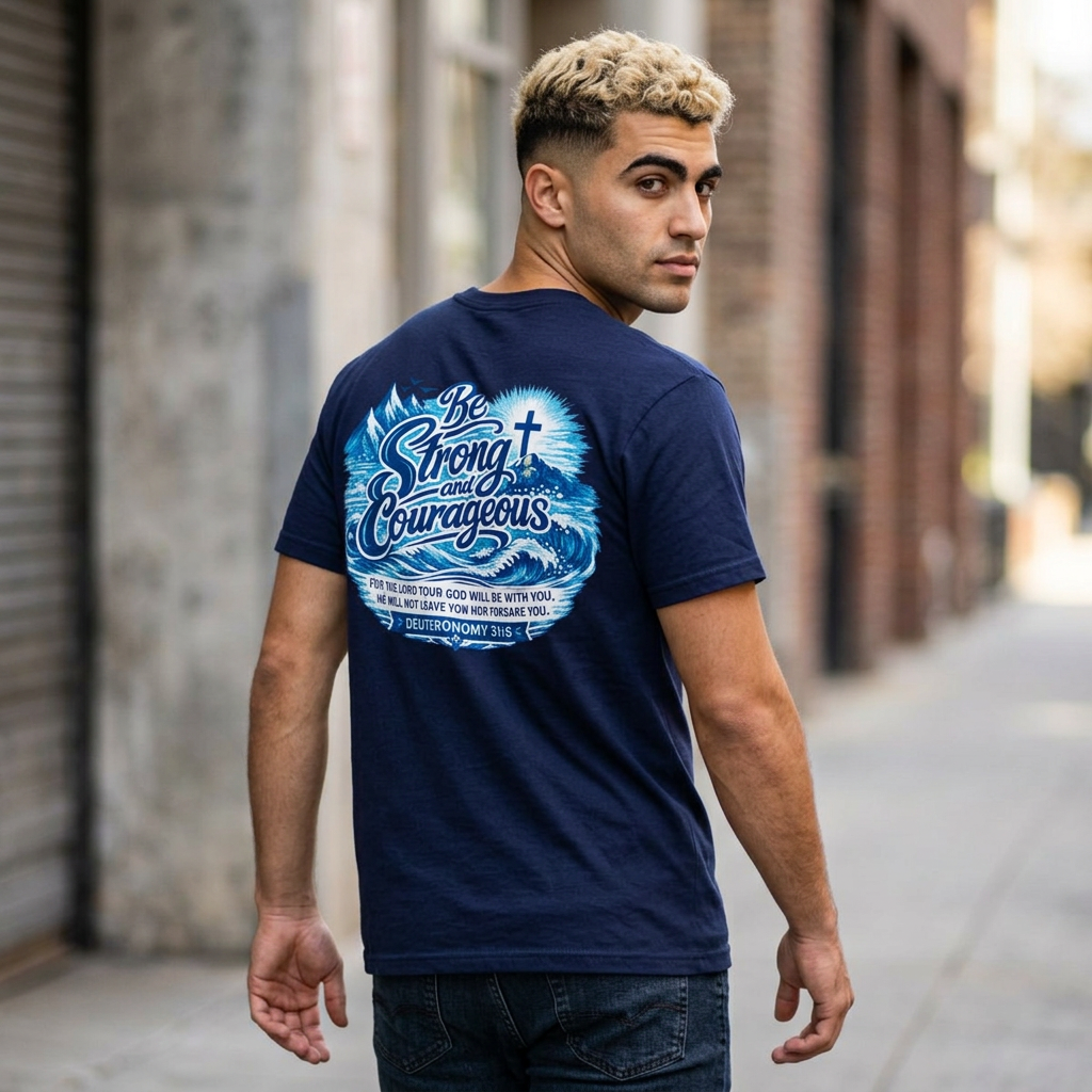Be Strong & Courageous T-Shirt — Inspirational Christian Faith Tee (Deuteronomy 31:6)