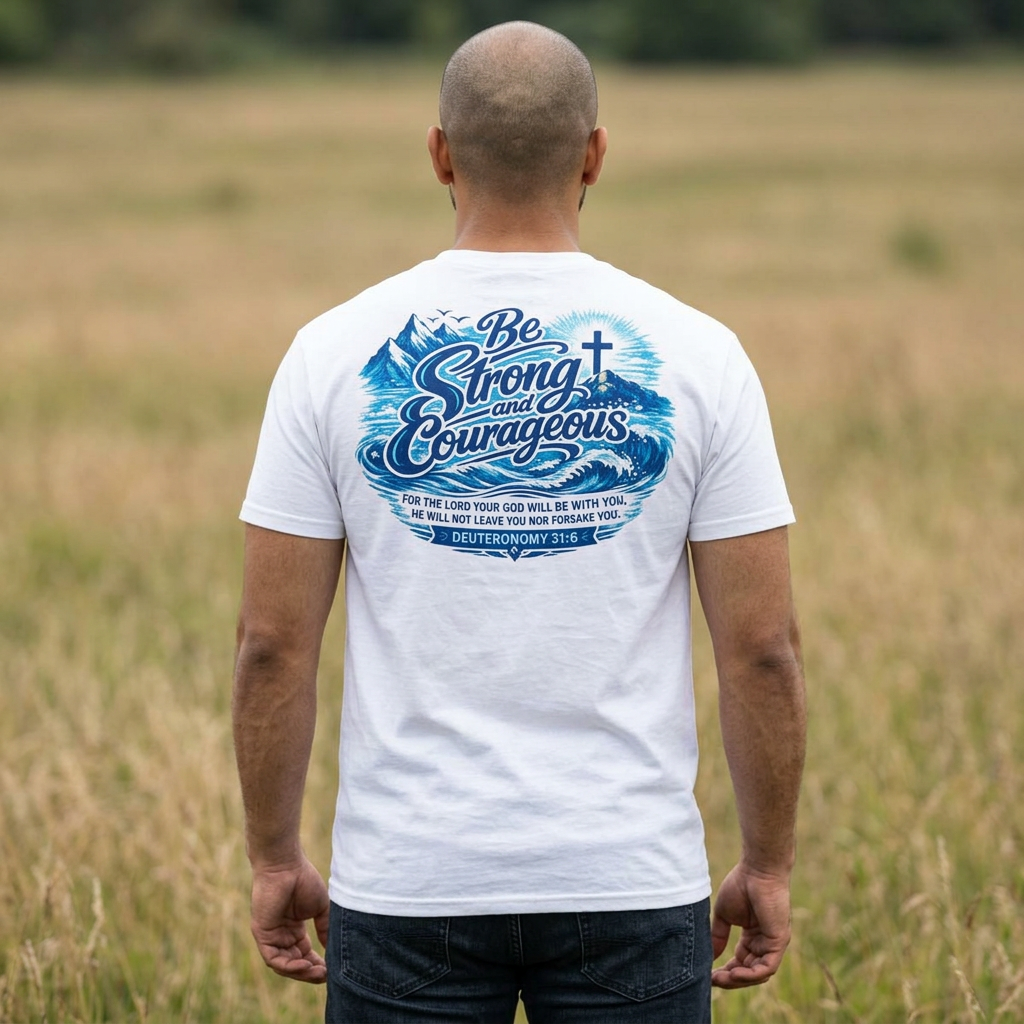 Be Strong & Courageous T-Shirt — Inspirational Christian Faith Tee (Deuteronomy 31:6)