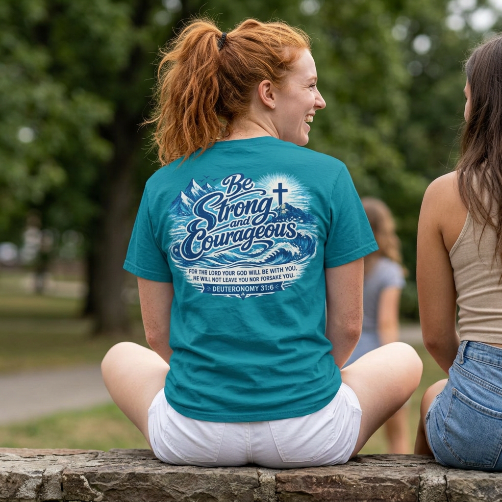 Be Strong & Courageous T-Shirt — Inspirational Christian Faith Tee (Deuteronomy 31:6)