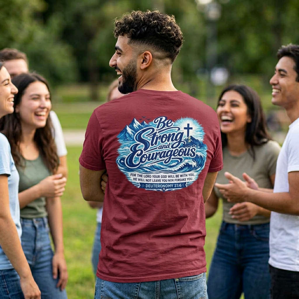 Be Strong & Courageous T-Shirt — Inspirational Christian Faith Tee (Deuteronomy 31:6)