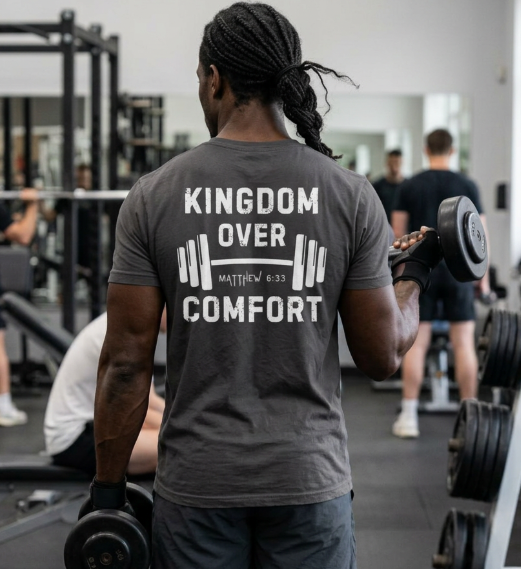 Kingdom Over Comfort Christian T-Shirt, Matthew 6:33 Gym Shirt, Faith Fitness Tee, Christian Workout Shirt, Gift for Athletes