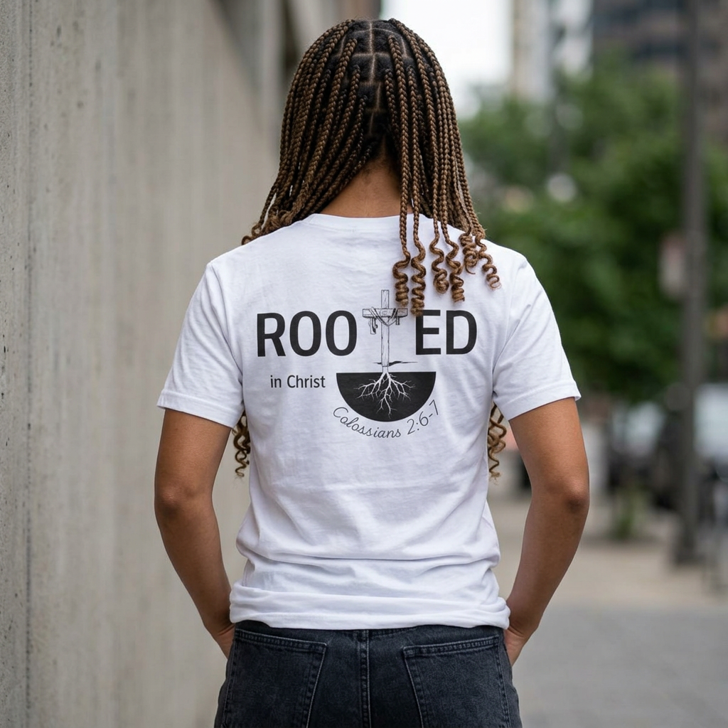 Rooted in Christ Christian T-Shirt | Colossians 2:6-7 Faith Tee