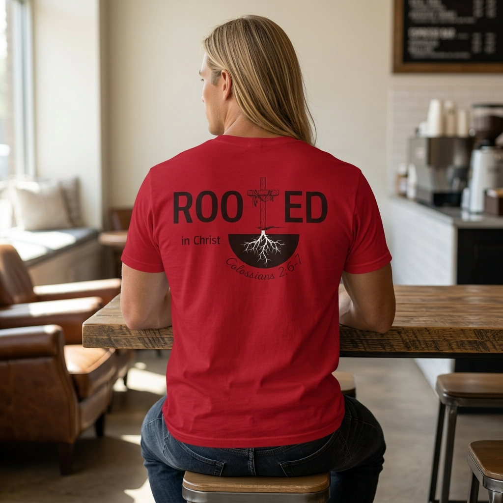 Rooted in Christ Christian T-Shirt | Colossians 2:6-7 Faith Tee