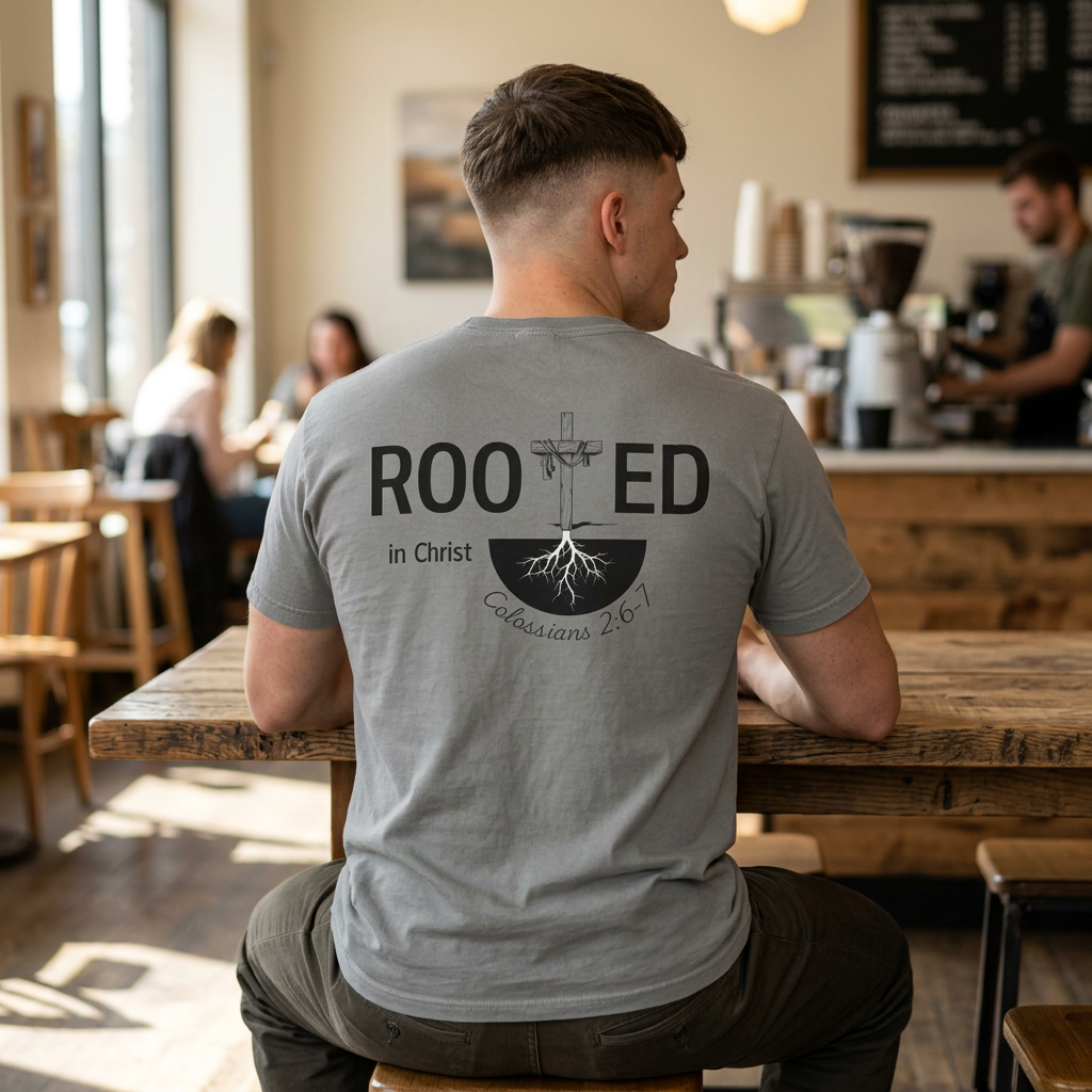 Rooted in Christ Christian T-Shirt | Colossians 2:6-7 Faith Tee
