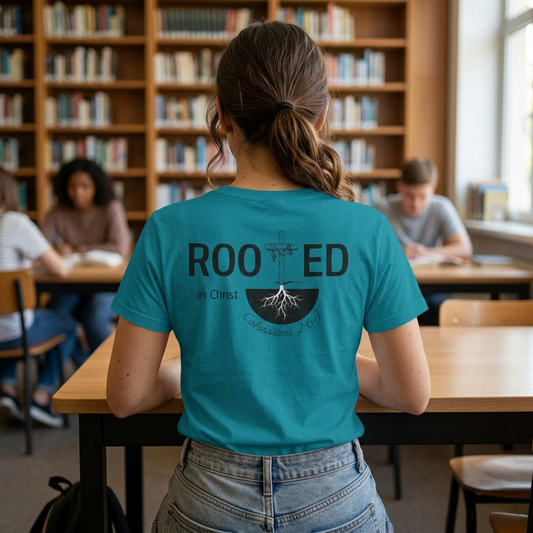 Rooted in Christ Christian T-Shirt | Colossians 2:6-7 Faith Tee
