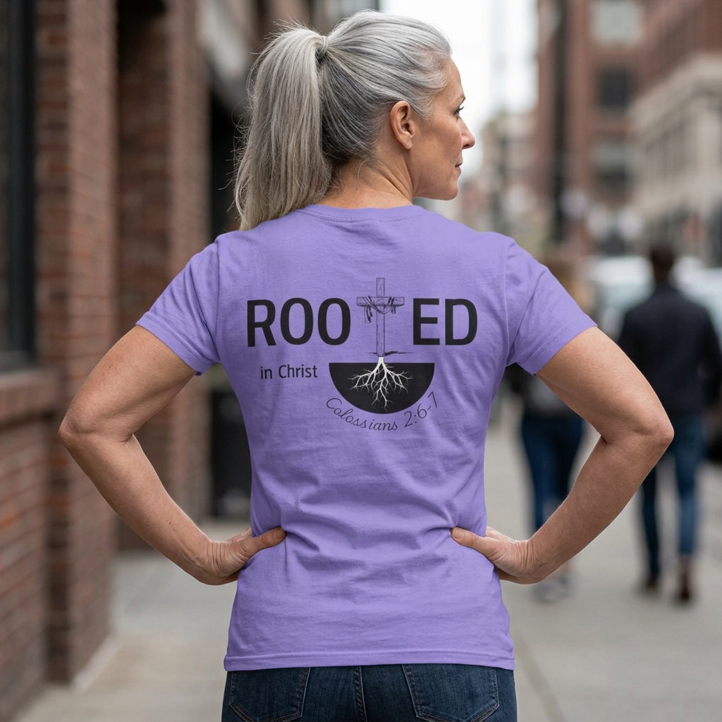 Rooted in Christ Christian T-Shirt | Colossians 2:6-7 Faith Tee