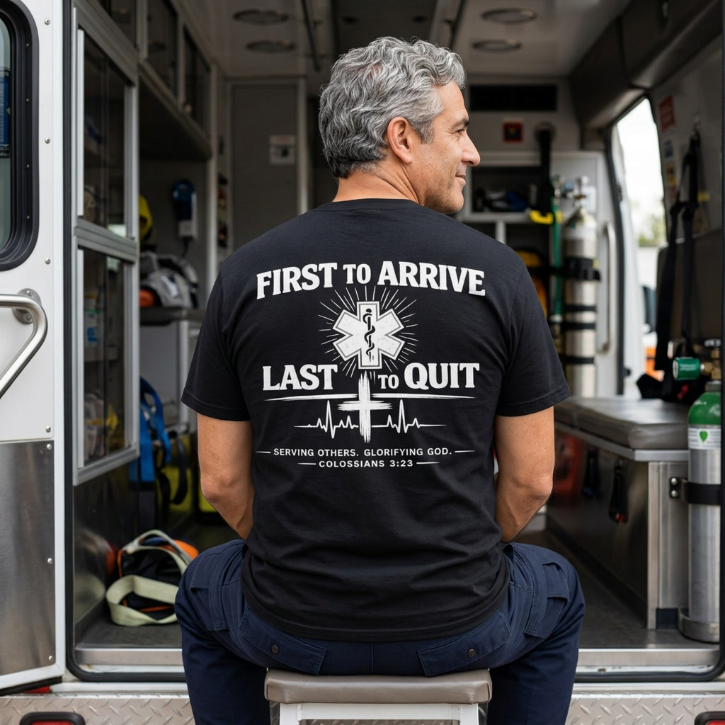 First to Arrive Last to Quit Christian EMS T-Shirt | Colossians 3:23