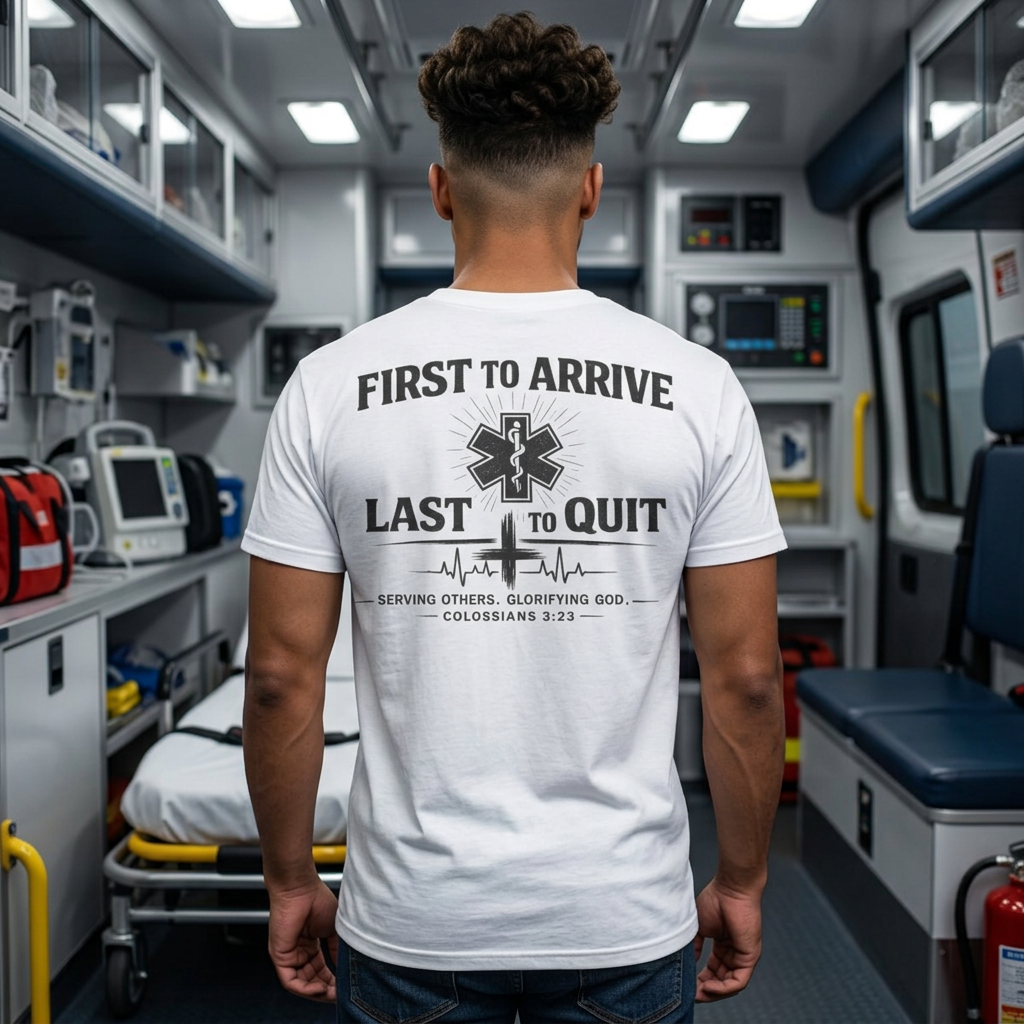First to Arrive Last to Quit Christian EMS T-Shirt | Colossians 3:23