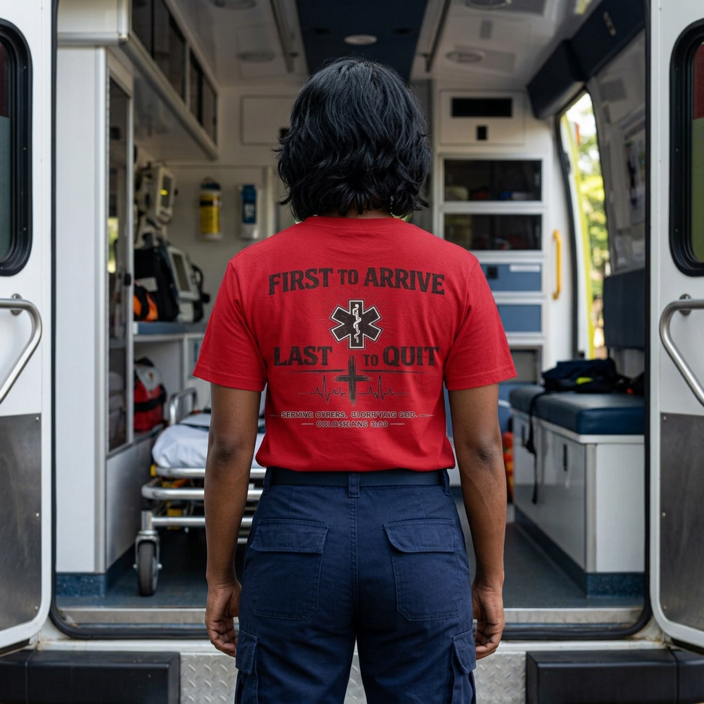 First to Arrive Last to Quit Christian EMS T-Shirt | Colossians 3:23