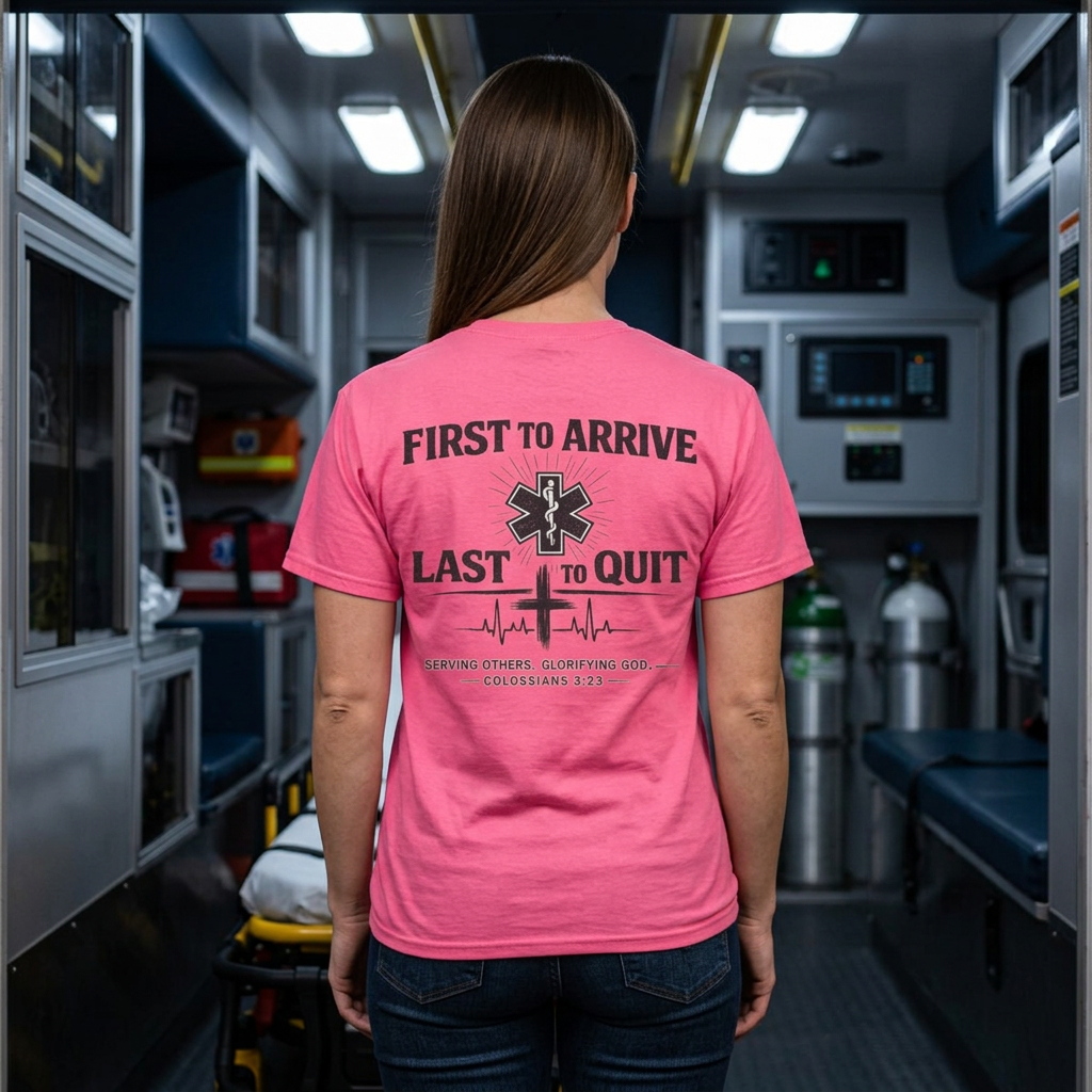First to Arrive Last to Quit Christian EMS T-Shirt | Colossians 3:23