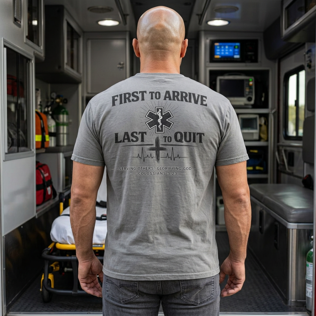 First to Arrive Last to Quit Christian EMS T-Shirt | Colossians 3:23