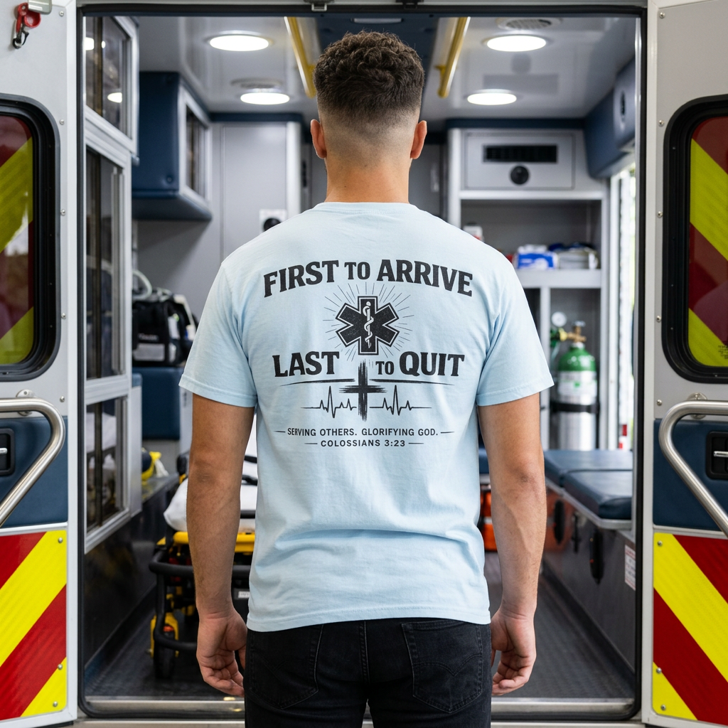 First to Arrive Last to Quit Christian EMS T-Shirt | Colossians 3:23