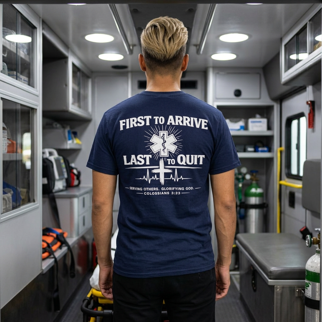 First to Arrive Last to Quit Christian EMS T-Shirt | Colossians 3:23
