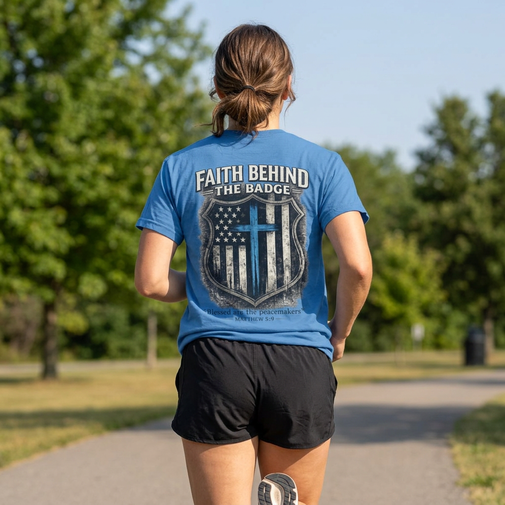Faith Behind the Badge Christian Police T-Shirt | Matthew 5:9 Bible Verse Tee