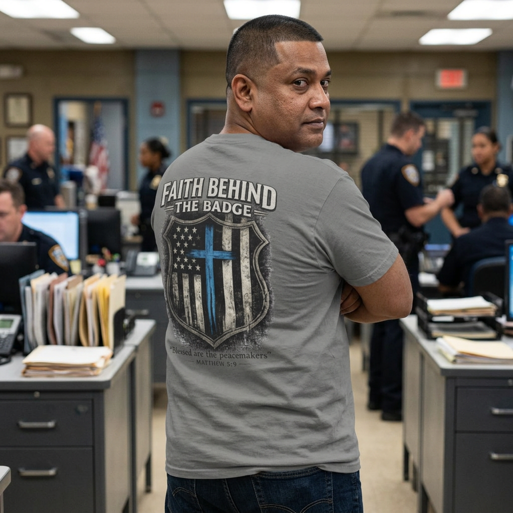 Faith Behind the Badge Christian Police T-Shirt | Matthew 5:9 Bible Verse Tee