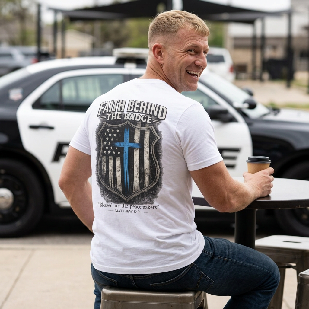 Faith Behind the Badge Christian Police T-Shirt | Matthew 5:9 Bible Verse Tee