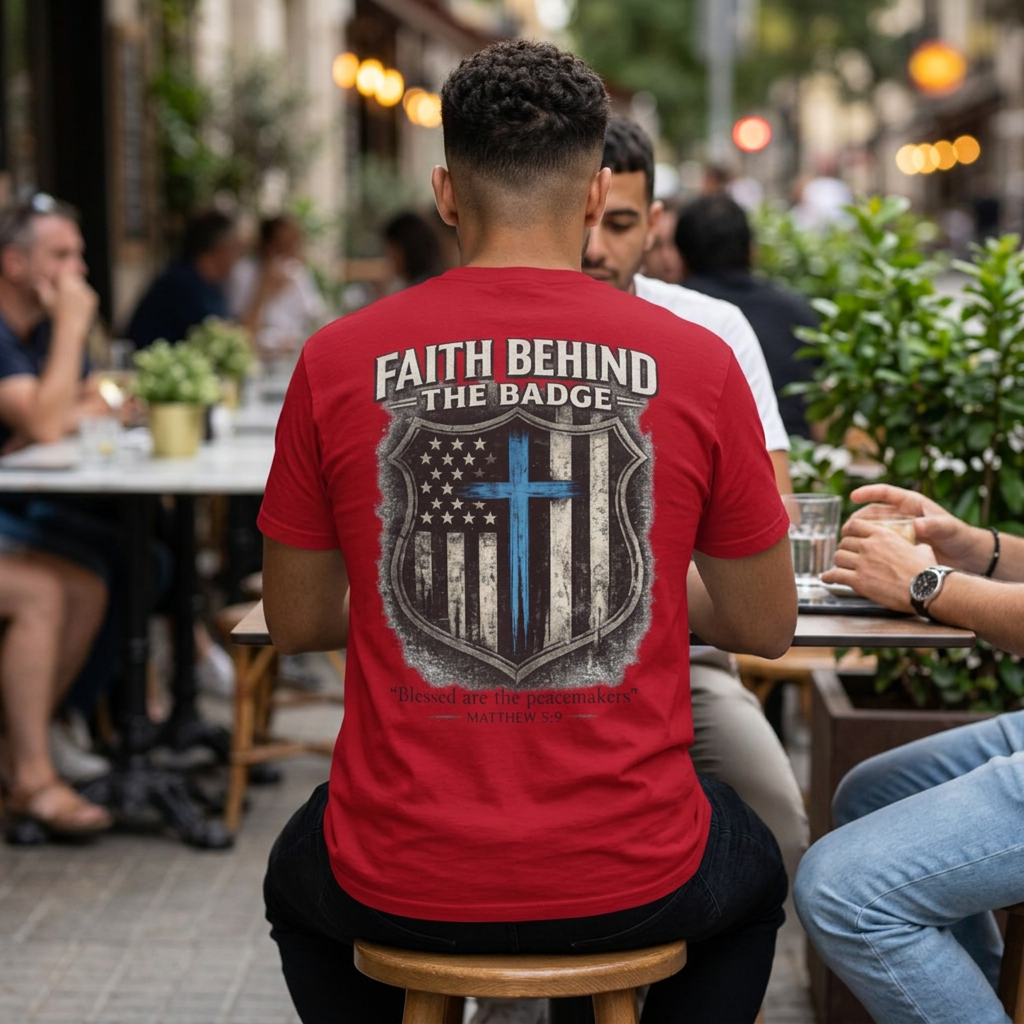 Faith Behind the Badge Christian Police T-Shirt | Matthew 5:9 Bible Verse Tee