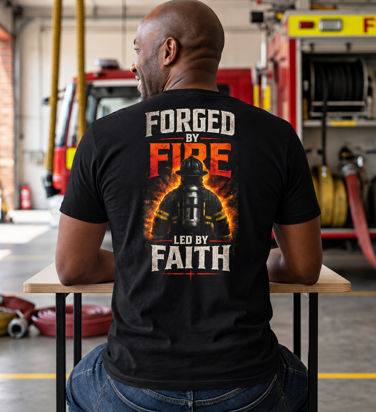 Forged by Fire Led by Faith | Christian Firefighter T-Shirt