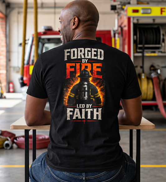 Forged by Fire Led by Faith | Christian Firefighter T-Shirt