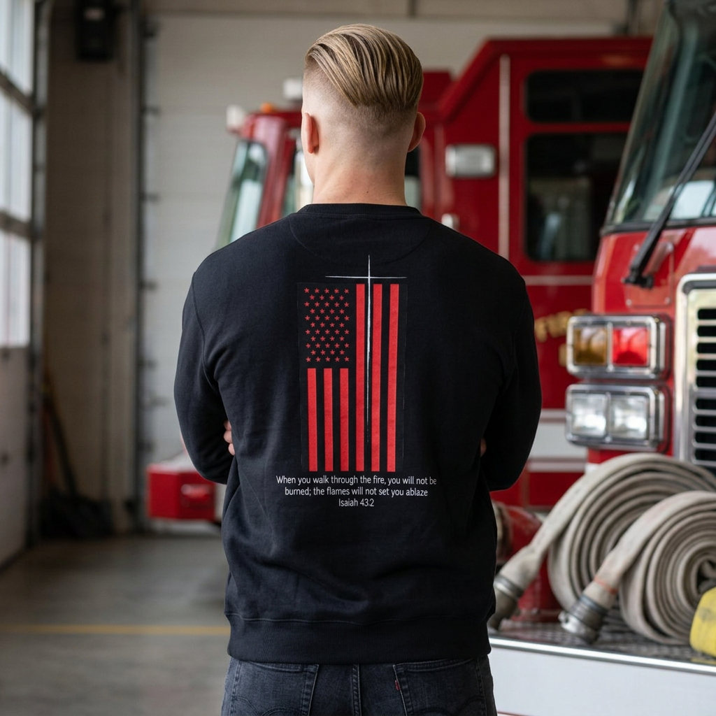 When You Walk Through The Fire, Christian Firefighter Sweatshirt, Thin Red Line Crewneck